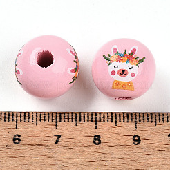 イースターテーマのプリントウッドビーズ  ラウンド  ピンク  14.5~15x15.5~16.5mm  穴：4~4.5mm&nbsp;WOOD-T032-22T