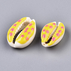 天然カウリーシェルビーズ  エナメル水玉模様  穴なし/ドリルなし  きいろ  16~19x10~12.5x7mm&nbsp;SHEL-Q312-006B