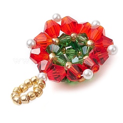 クリスマスガラスペンダント  シードビーズとプラスチックパール付き  クリスマスリース  レッド  41.5x25x9.7mm  穴：4.7mm&nbsp;PALLOY-JF03010-02