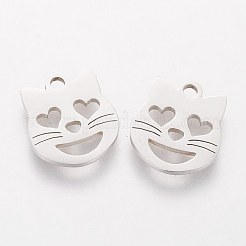 変色しない201ステンレススチール製子猫チャーム  レーザー切断  ハートの形をした猫の頭  ステンレス鋼色  12.4x10.5x1.5mm  穴：1.5mm&nbsp;STAS-Q201-T111