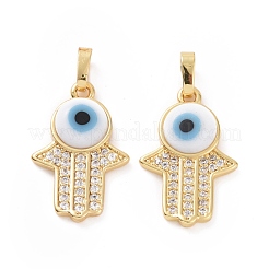 真鍮製マイクロパヴェキュービックジルコニアペンダント  カドミウムフリー＆ニッケルフリー＆鉛フリー  手作りのナザールボンジュウランプワーク付き  ハムサの手のチャーム  18KGP本金メッキ  ホワイト  23x15x4mm  穴：4x6.5mm&nbsp;ZIRC-F136-02G-05