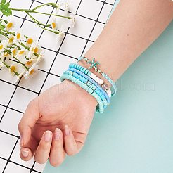 ラウンドストーン＆ポリマークレイヘイシビーズストレッチブレスレットセット  女性のためのヒトデスタッカブルプレッピーブレスレット  アクアマリン  内径：2-1/4~3-5/8インチ（5.6~9.3cm）  5個/セット&nbsp;BJEW-SZ0002-13