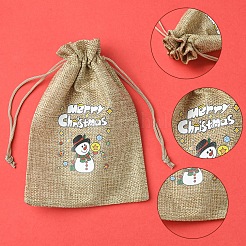 12個 12スタイル クリスマスプリント黄麻布パッキングポーチ 巾着バッグ  長方形  淡い茶色  混合図形  18x13x0.01cm&nbsp;ABAG-FS0001-03B