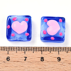 手作りランプワークビーズ  ハート柄の正方形  ブルー  16x15x6mm  穴：1.8mm&nbsp;LAMP-G147-01G
