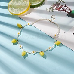 女性のためのガラス ビーズ フラワー チェーン付き樹脂レモン ペンダント ネックレス  きいろ  16.26インチ（41.3cm）&nbsp;NJEW-TA00057