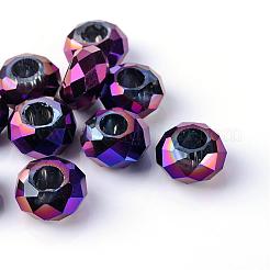 電気めっきガラスヨーロッパのビーズ  大穴ビーズ  ファセットロンデル  パープルメッキ  14~14.5x7.5~8.5mm  穴：5.5~6mm&nbsp;EGLA-S132-03E