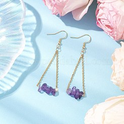 304ステンレススチールと天然アメジストのダングルイヤリング  ゴールドカラー  60x20mm&nbsp;EJEW-JE06010-04