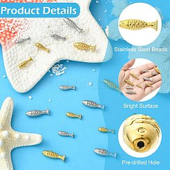 16個 4スタイル 304ステンレススチールビーズ  魚  ミックスカラー  14.5~20.5x4.5~6.5x4~5.5mm  穴：1mm  4個/スタイル&nbsp;STAS-CJ0003-53