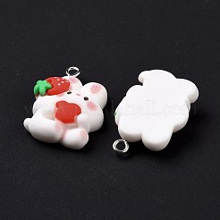 樹脂チャーム  白金鉄パーツ  かわいい  イチゴとウサギ  ホワイト  26.5x17.5x7.5mm  穴：2mm&nbsp;X-RESI-M026-11
