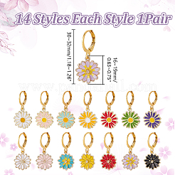 真鍮フレンチフックピアス 14組  合金エナメルの花付き  ミックスカラー  30~32mm&nbsp;EJEW-AR00006