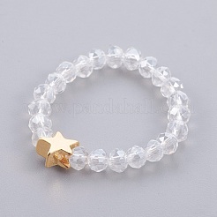 電気メッキガラスビーズストレッチ指輪  真鍮のパーツと  スター  18~22mm&nbsp;RJEW-JR00238-M