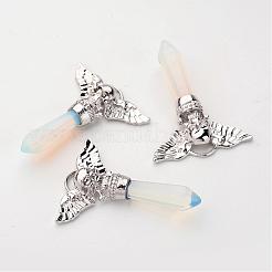 真鍮製オパールペンダント  頭蓋骨＆翼と弾丸  プラチナ  先の尖ったペンダント  48~50x36x8mm  穴：3mm&nbsp;G-O160-04I