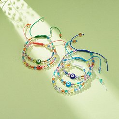 アクリル イービル アイ & ラウンド ランプワーク 編みこみ ビーズ ブレスレット 女性用  ミックスカラー  内径：2~3-3/4インチ（5.2~9.5cm）&nbsp;BJEW-JB08379
