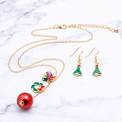 クリスマス合金エナメルペンダントネックレス＆ダングルイヤリング  ゴールドカラー  クリスマスツリー  21x11ミリ＆450mm  ペンダント：24x18mm&nbsp;FS-WG15A06-01