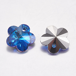 カット加工ガラスラインストーンチャーム  模造オーストリアのクリスタル  花  バミューダブルー  12x12x5mm  穴：1.5mm&nbsp;LS-RGLA-F055-12x12-001BB