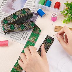 エスニック風刺繍ポリエステルリボン  葉の模様  グリーン  1-3/8インチ（34mm）  約7.66ヤード（7m）/ロール&nbsp;OCOR-WH0067-74I