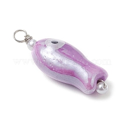 魚の形をしたナザールボンジュウの釉薬磁器ペンダント  ループとABS樹脂製の模造パール付き  ミックスカラー  29x10x8mm  穴：2.5mm&nbsp;PALLOY-JF03803