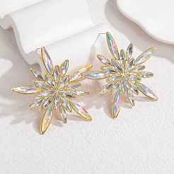 女性用304ステンレススチールガラススタッドピアス  花  18KGP本金メッキ  69.5x71.5mm&nbsp;EJEW-M095-16G