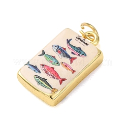 プリントブラスペンダント  魚のチャームが付いた長方形  ゴールドカラー  カラフル  19.5x11x4mm  穴：3.5mm&nbsp;KK-CBA8989-02C