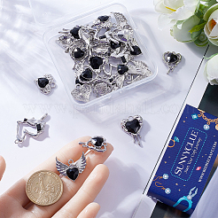 30個 5スタイルラックメッキ合金ガラスペンダント  ハートチャーム  ブラック  18~33.5x17~20x5.5mm  穴：1.4~2.5mm  6個/スタイル&nbsp;FIND-SC0006-66