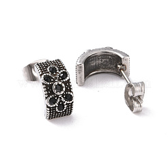 フラワースタッドピアス付きジェットラインストーンアーチ  女性用304ステンレスジュエリー  アンティークシルバー  12x6mm  ピン：0.7mm&nbsp;STAS-D186-01AS