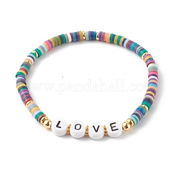 バレンタインデーのためのポリマー粘土平石ビーズストレッチブレスレットセット  アクリルエナメルビーズ付き  単語の愛  18KGP本金メッキ  ブラック  内径：2-1/8インチ（5.4cm）  3個/セット&nbsp;BJEW-JB06298-02