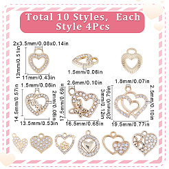 10スタイルの合金クリスタルラインストーンペンダント40個。  ハート＆フラットラウンドチャーム  ゴールドカラー  13~20x11~19.5x1.5~3mm  穴：1.5~3.5mm  4個/スタイル&nbsp;ALRI-SC0001-35G