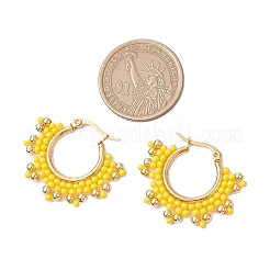 304ステンレススチールガラスシードビーズフープピアス  花  きいろ  28x2.5x33mm&nbsp;EJEW-MZ00337-01