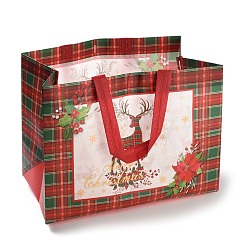 クリスマステーマのタータン不織布ギフトトートバッグ（ハンドル付き）  長方形  レッド  鹿  展開：33x32x0.2cm  折りたたみ：32x17.5x24cm&nbsp;ABAG-G017-01C