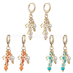 天然ペルシャ翡翠のクロスフープピアス  304ステンレススチールペンダントとシェルパールビーズ付き  ゴールドカラー  ミックスカラー  44mm  3のペア/セット&nbsp;EJEW-JE06727