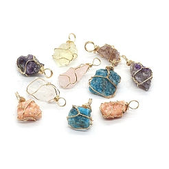 天然の原石の混合ペンダント  金メッキ銅線を巻いたナゲットチャーム  18~30x12~22mm&nbsp;FIND-PW0020-04