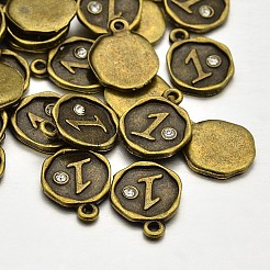 アンティークブロンズ合金ラインストーンチャームをメッキ  numがフラットラウンド。1  ニッケルフリー  13x10x1.5mm  穴：1mm&nbsp;ALRI-J153-01-NF
