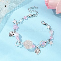 星とイチゴの合金チャームブレスレット  女性用フラワーアクリルビーズブレスレット  ミスティローズ  7-7/8インチ（20cm）&nbsp;BJEW-JB11308