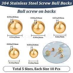 50個 5スタイル 304ステンレススチール製イヤーナット  丸いボールイヤーバック  ゴールドカラー  3~8mm  穴：0.8~0.9mm  10個/スタイル&nbsp;STAS-BBC0005-46G