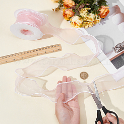 プラスチックパールの縁取りが付いた5ヤードのオーガンジープラスチックリボン  衣服、ドレス、縫製アクセサリー  ミスティローズ  2-3/8インチ（60mm）&nbsp;OCOR-WH0101-185D