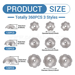 360個 3スタイル 316ステンレススチールスペーサービーズ  花  ステンレス鋼色  6~10x2~4mm  穴：1~1.2mm  120個/スタイル&nbsp;STAS-TA0005-35