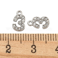 304ステンレスペンダント  クリスタルラインストーン付き  数字のチャーム  数  9x5x1mm  穴：1mm&nbsp;STAS-L080-002P-03