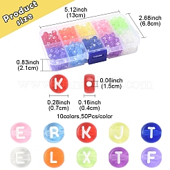 500個10色透明アクリルビーズ  水平穴  混合文字  アルファベット付きフラットラウンド  ミックスカラー  7x4mm  穴：1.5mm  50個/カラー&nbsp;TACR-FS0001-57