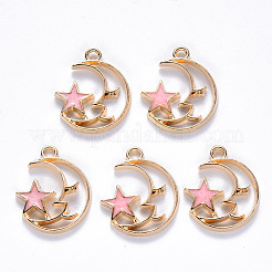 合金エナメルチャーム  スターとムーン  ライトゴールド  ピンク  19x17x2mm  穴：1.6mm&nbsp;X-ENAM-S121-062B