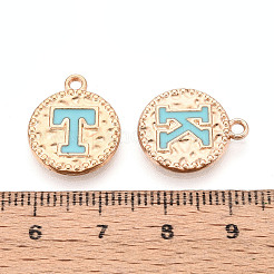 合金エナメルチャーム  フラットラウンドと文字a～z  ライトゴールド  ミディアムターコイズ  17.5~18x15x2mm  穴：1.6~1.8mm&nbsp;PALLOY-T094-12D-KCG