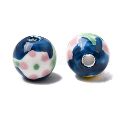 手作りの陶器ビーズ  手描き  花柄ラウンド  マリンブルー  10mm  穴：2~2.5mm&nbsp;PORC-A034-02A