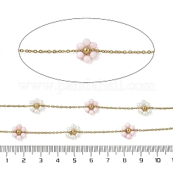 304ステンレススチールアズキチェーン  花  貝パールとABSイミテーションパール付き  イオンプレーティング（ip）  18KGP本金メッキ  ハンダ付け  スプールで  ピンク  8.5x9.5x3.5mm  約32.81フィート（10m）/ロール&nbsp;CHS-K018-24G-02