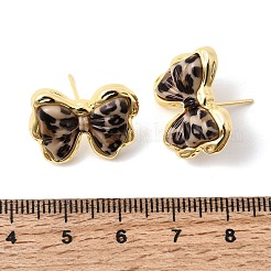 真鍮製スタンドピアス  ヒョウ柄のちょう結び  樹脂と  ラックめっき  長持ちメッキ  カドミウムフリー＆鉛フリー  18KGP本金メッキ  16.5x20mm&nbsp;EJEW-D355-07G