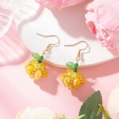 304ステンレススチール製パンプキンダングルイヤリング  アクリル、ガラスシード、ガラスビーズ付き  ゴールドカラー  ミックスカラー  44x20mm&nbsp;EJEW-MZ00514