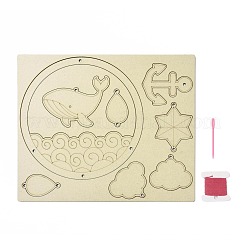 DIYクジラ風鈴作りキット  1個の木板入り  1枚のカードの綿糸と1本のプラスチックの編み針  クラフトを描く子供たちのために  ミックスカラー  糸と針：ランダムな色&nbsp;DIY-A029-05