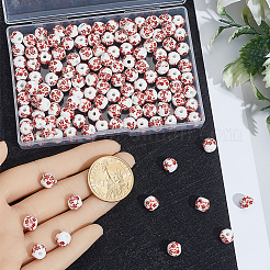 手作りの花柄プリント磁器ビーズ 150個  花柄のセラミック製丸ビーズ  レッド  8mm  穴：2~2.5mm&nbsp;PORC-PA0001-10