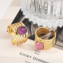 304ステンレススチール多層オープンカフリング  女性用楕円形天然宝石リング  18KGP本金メッキ  イオンプレーティング（ip）  13.5mm  調整可能&nbsp;RJEW-Z078-15G