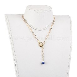 ラリアットネックレス  丸い天然ラピスラズリビーズ付き  真鍮製マンテル  鉄製のクリップチェーンと厚紙箱  ゴールドカラー  16.33~16.53インチ（41.5~42cm）&nbsp;NJEW-JN03028-05