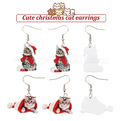 猫のアクリル製ダングルイヤリング付きクリスマスハット2組（2スタイル）  女性用プラチナメッキ鉄ジュエリー  レッド  48~53mm  ピン：0.6mm  1ペア/スタイル&nbsp;EJEW-AN0002-37