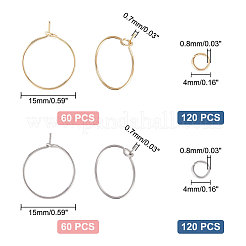 120個 2色 316サージカルステンレススチール フープピアス金具  ワイングラスチャームリング  304ステンレススチール製丸カン240個付き  ゴールデン·ステンレス鋼色  21ゲージ  15x0.7mm  60個/カラー&nbsp;STAS-UN0043-01